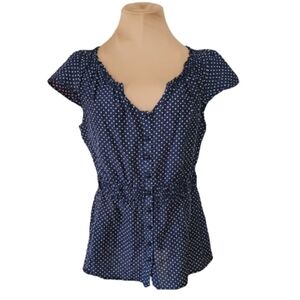 Merona Navy Blue Polka Dot Peplum Blouse Cotton Silk Medium